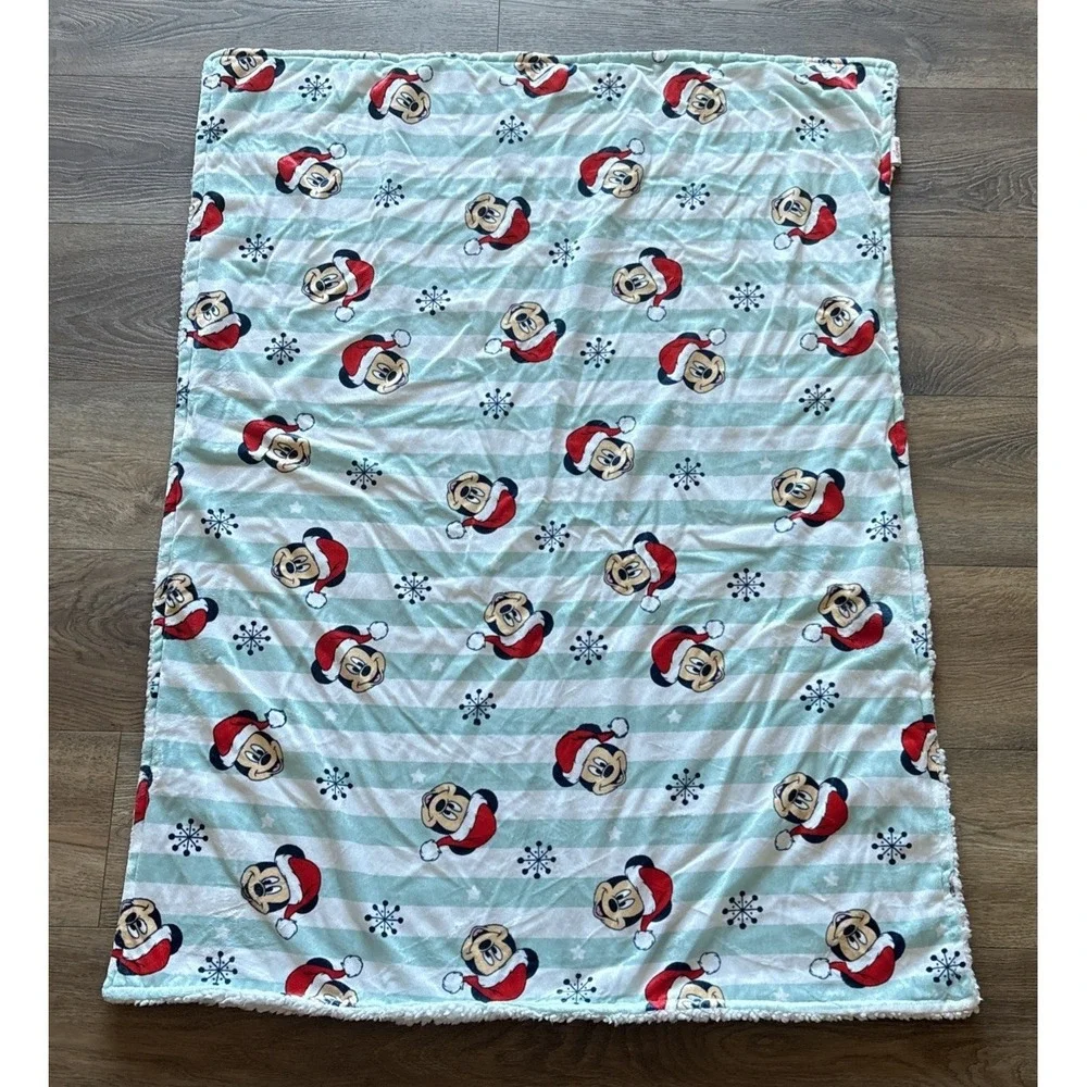 Disney Mickey Mouse Christmas Baby Blanket White Stripes Star Snowflakes Winter